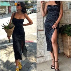 Zara Satin Effect Polka Dot Midi Dress Black White